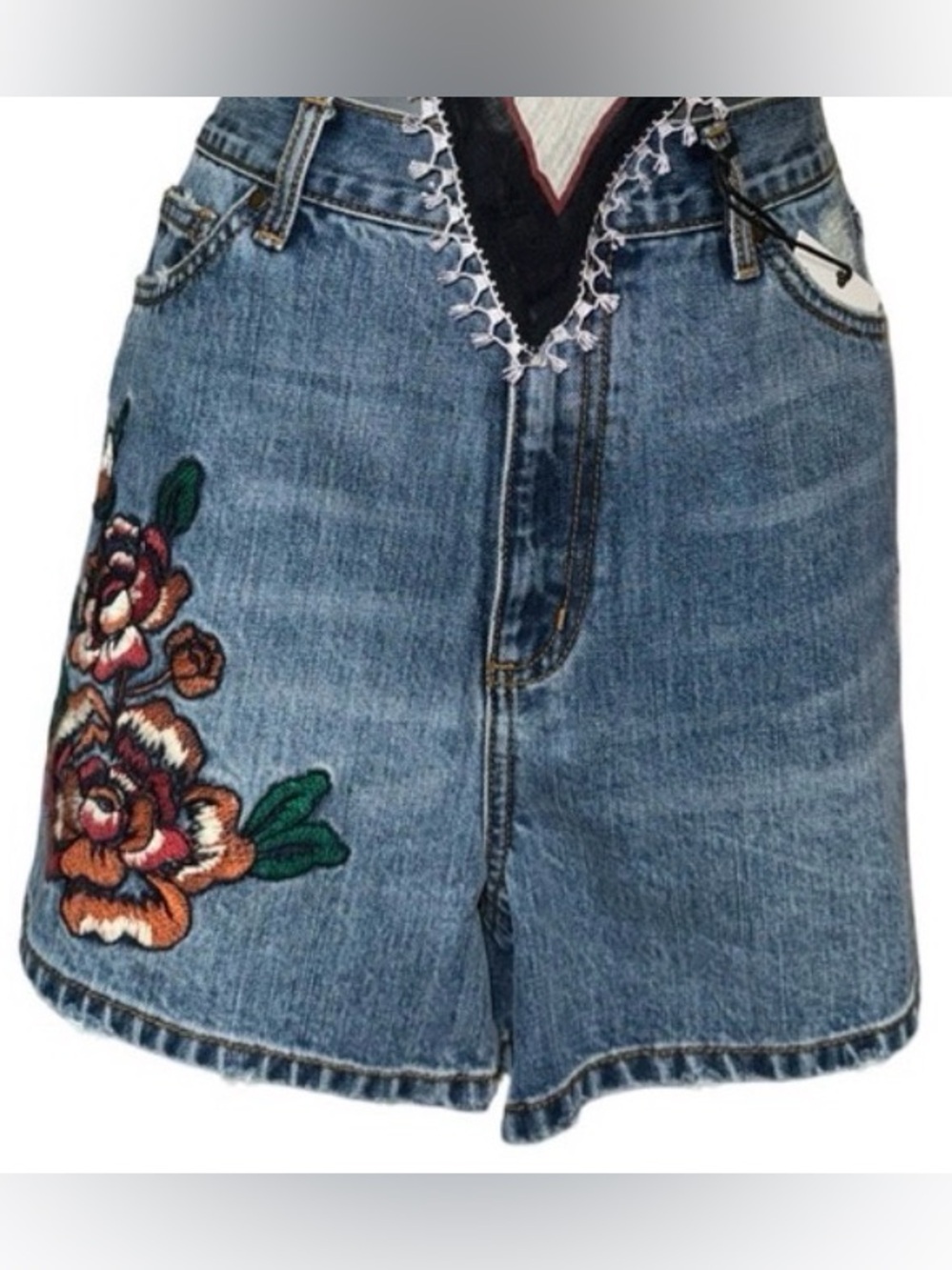 EVIDNT Los Angeles denim jean skirt with embroidered flowers SZ 28